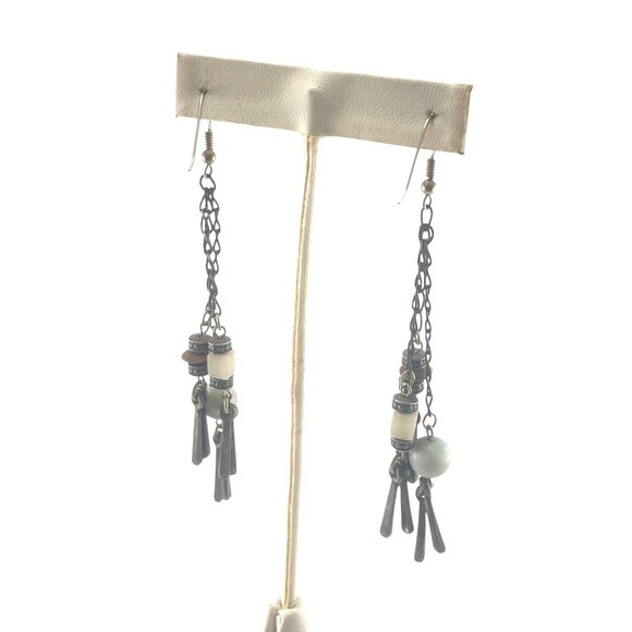 Boho Style Long Dangle Earrings With Metal Chain & Beads - Picture 3 of 8